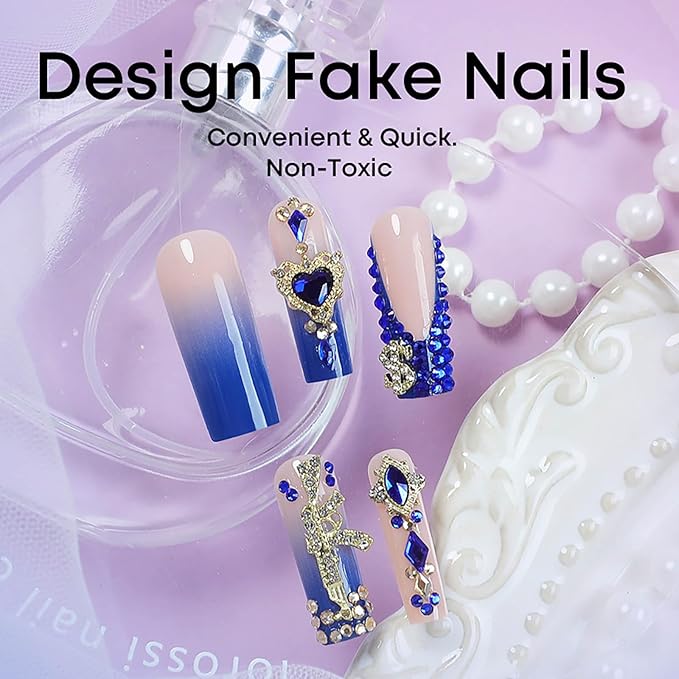 Square Press on Nails Long RTKHFZE Xl Fake Nails Blue French Tip False Nails Ombre Glue on Nail with Designs Nails Charm and Rhinestones Acrylic Stick on Nail for Women Nail Decorations