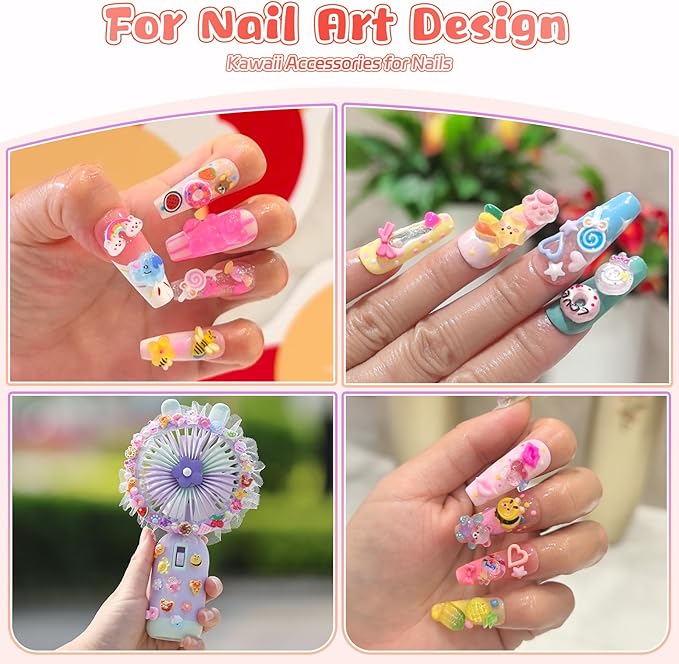 480PCS Jumbo Bear & Candy Nail Charms Kit, 3D Resin Hollow Hearts, Bees, Mini Bows for Acrylic Nails, Kawaii Nail Art Supplies with Tweezers for Nails Design, Crafts, Phone Cases Gifts