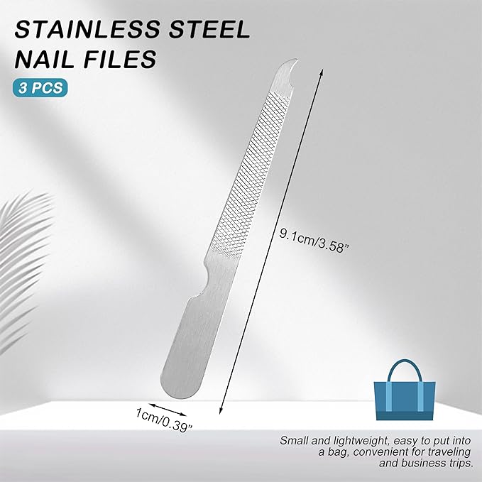 BlingKingdom 3 PCS Stainless Steel Nail File Metal Double Sided Nail File with Curved Sharp Pointed for Salon and Home Manicure Files (Silver)
