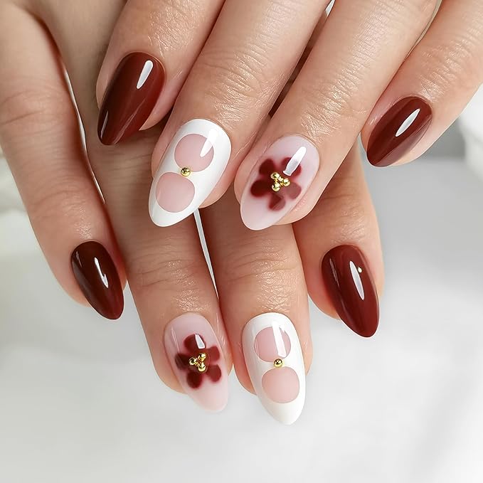 Press On Nails - Blossom | Floral Design Almond UV Finish Nails, Salon Quality | 32 Nails, 16 Sizes Kit with Glue and Adhesive Tabs I Female Founded