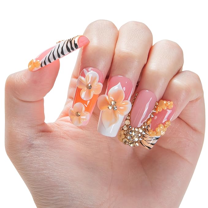 LOVFUL Short French Tip Press on Nails Citrus Muse | Handmade Acrylic Press ons| Reusable Fake False Nails | Square Classic Regular 1.3in | H672-L
