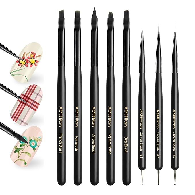 8PCS Nail Art Brush Set for Gel & Acrylic – French Tip, Flat, Oval & Carved Liner Brushes with Dotting Tools, Professional Builder Poly Gel Nail Design Kit