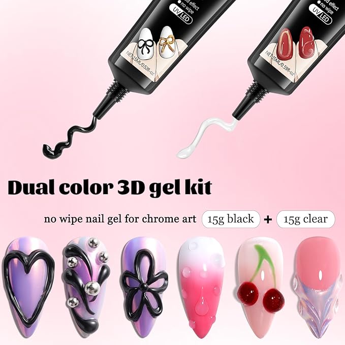 3D Gel Nail Art Kit – No Wipe Black and Clear Sculpting Gel for Embossing Painting Design with Gold Silver Chrome Powder 3D Liner Gels Flowers Carving Modeling Decor Salon Supplies 15ML 2PCS