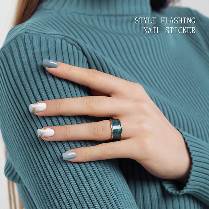 JMEOWIO Gel Nail Stickers Gold Glitter Gradient Blue Semi Cured Gel Nail Strips Wraps UV/LED Nails Art Design Decoration Accessories