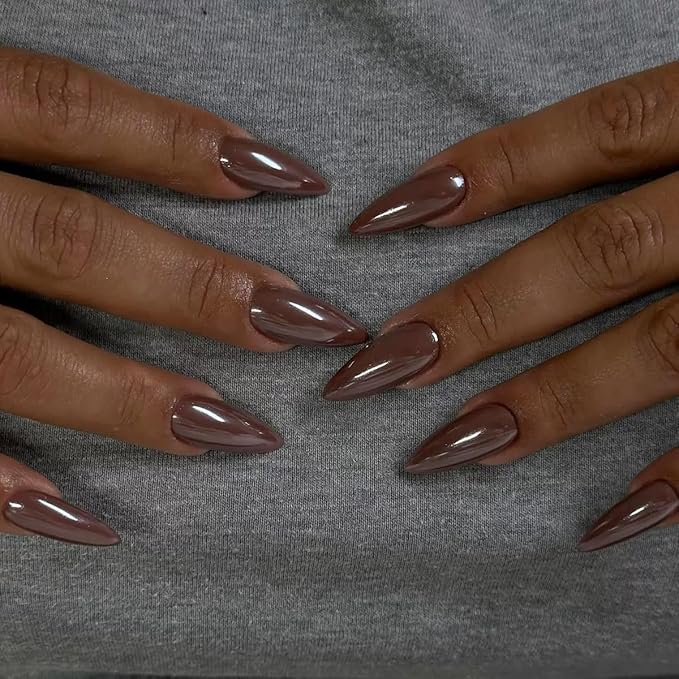 Press on Nails Almond - Medium Fake Nails with Solid Color Design - Winter, Brown False Nails Press ons - for Women 24 Pcs