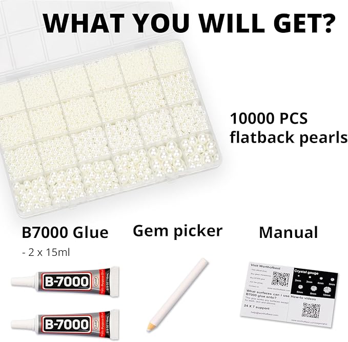 10000Pcs Ivory Flatback Pearls with Glue Kit for Bedazzling Crafts Crafting Shoes Nail Art Decoration, Mixed Sizes 2mm 3mm 4mm 5mm 6mm 8mm 10mm Beige Half Round Flat Back Pearls Beads Set