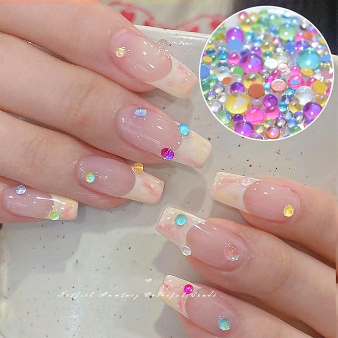 200Pcs Colorful Bubble Beads Mermaid Nail Art Charms Aurora Pearls Candy Caramel Stone Mix Nail Art Rhinestones Half-Round Flat Back Rhinestones for Nails Small Glass for Crafts Nail Art Accessories