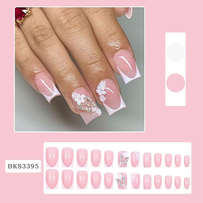 Square Press on Nails Medium Fake Nails with Designs 3D Flower Stick on Nail Butterfly Rhinestone Acrylic False Nail French Glossy Artificial Nail Full Cover Glue on Nails for Women