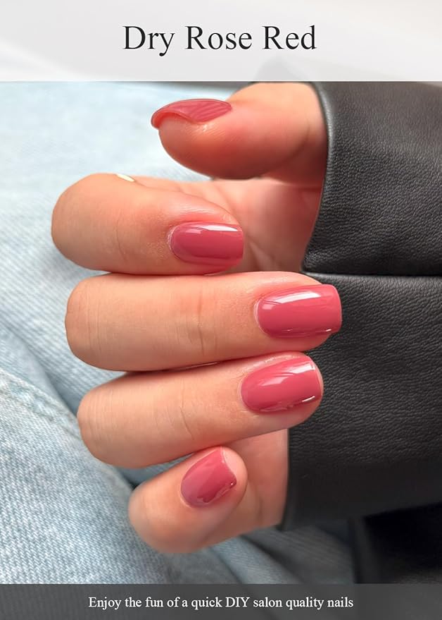 Semi Cured Gel Nail Strips (Dry Rose Red), 20 Pcs Gel Nail Wraps, Stickers, UV Light Required, Salon Quality