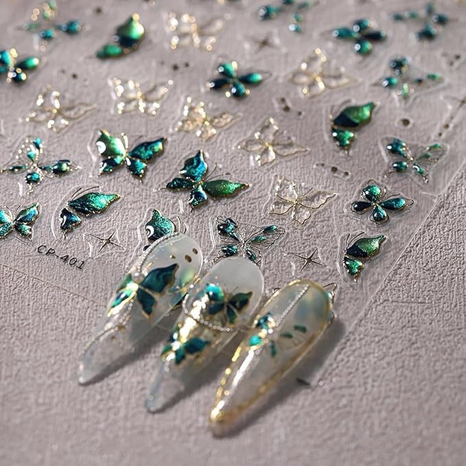 1 Sheets Green Embossed Butterfly Nail Decals for Nail Art Shiny Gold Butterfly Nail Stickers 5D Self-Adhesive Star Nail Decoration Spring Summer Nail Art Stickers for Women Girls Nail Design