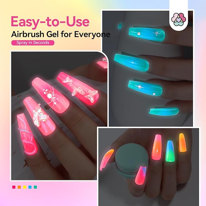 SAVILAND Airbrush Gel Nail Polish Hema-Free: Dilution-Free Fluorescent Airbrush Shine All Night Long,12 Colors Non-Acetone Glows in The Dark for Nails French Manicure DIY Salon & Party & Bar Social