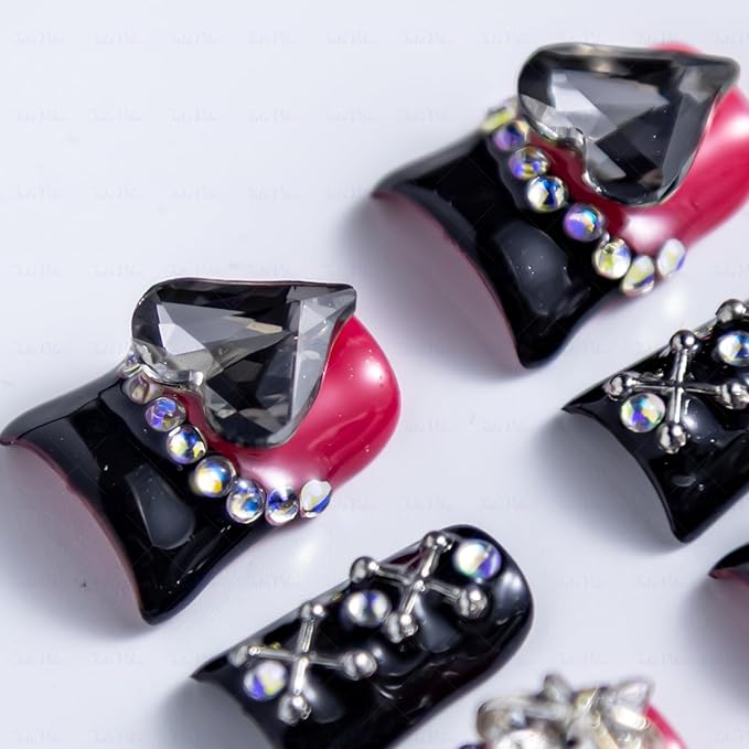10 Pieces Luxury Acrylic Press On Nails Short Handmade Duck Nails, Black Thickened False French Nails, Punk-style Metal Accessories And Black Hearts, Reusable Acrylic Nails (L)