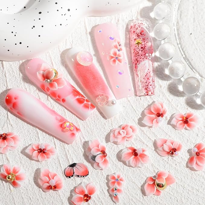 30PCS 3D Handmade Flower Nail Art Charms Advanced Handcrafted Cherry Blossom Flower Colorful Sculpted Floral Nails with Rhinestone Caviar Beads Design for Women Profession Nail Art Craft Jewelry