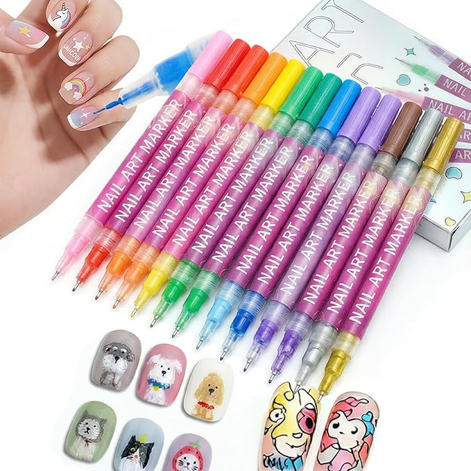 12 Colors Nail Art Pens Set, Fine Tip Nail Art Markers For 3D Drawing, Quick Dry Nail Polish Pens Kit For Women Girls DIY Manicure Nail Art Tools (0.5 mm)