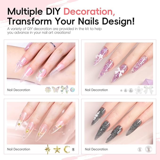 PEACECOLOR 24PCS Poly Nail Gel Kit with U V Light 6 Colors Pink White Clear Nude Glitter Nail Extension Gel with Base Glossy & Matte Top Coat Slip Solution Starter Manicure Kit for Women Beginners