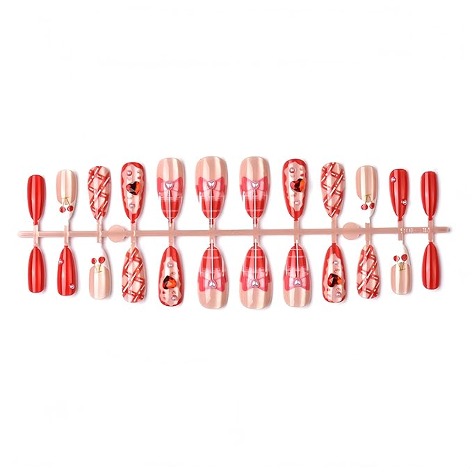 24Pcs Valentines Day Press on Nails Medium Almond Red Fake Nails Nude False Nails with Bow Cherry Pearls Design Red Heart Rhinestone White French Glue on Nails Artificial Stick on Nail for Women