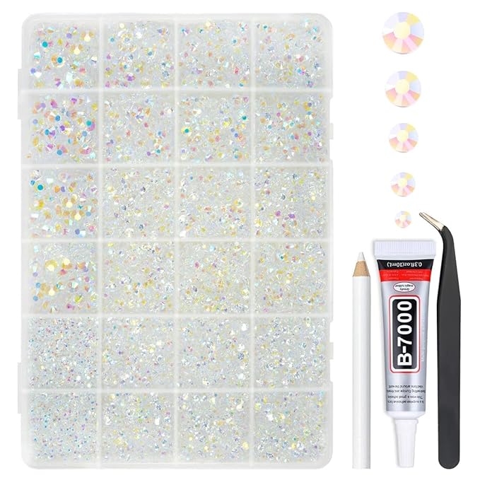 Transparent AB Resin Rhinestones w B7000 Glue for Bedazzling Crafting 2mm-6mm Clear White AB Flatback Jelly Stones Diamonds Gems Bedazzler Kit Charms for Nails Face Makeup Tumblers DIY Crafts