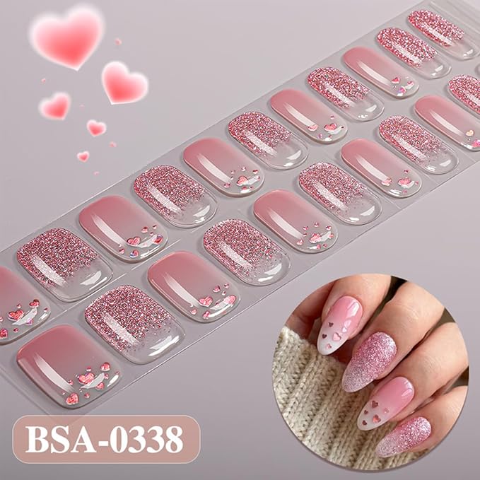 Cute Valentines Day Gel Nail Stickers Gradient Pink Nail Strips Polish Romantic Love with Glitter Designs Full Wraps Gel Nail Strips Cute Heart Nail Decals for Women Manicure Decorations 1 Sheets