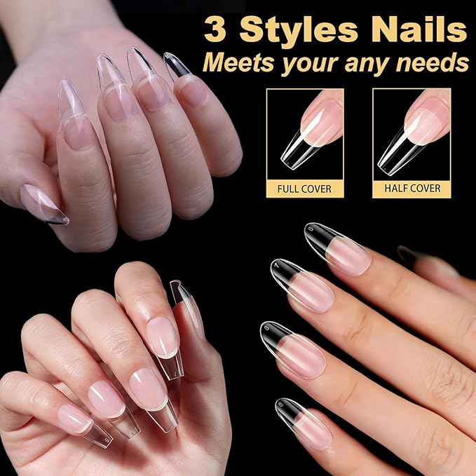 BlueZOO Gel Long Nail Tips Pre-etching Almond Coffin Oval Clear Press On Nails, Salon Quality 3 Styles 360Pcs Half Matte Full Cover Acrylic False Nails Extension DIY Manicure Beginner & Professional