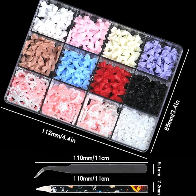 HNUIX 3D Nail Charms and Flatback Pearls - Pink & White Heart, Moon, Bow, Hollow Bow Star Pearls; 50 Pieces Gemstone Nail Rhinestones Set with Tweezers and Pickup Tools