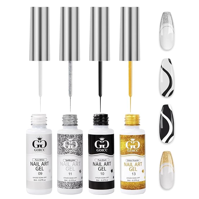 Gel Nail Art Polish Set with Thin Brush – 4 Colors White Gel Nail Polish Black Silver Glitter Liner for Nail Art Design French Tips Soak Off UV/LED 8ml