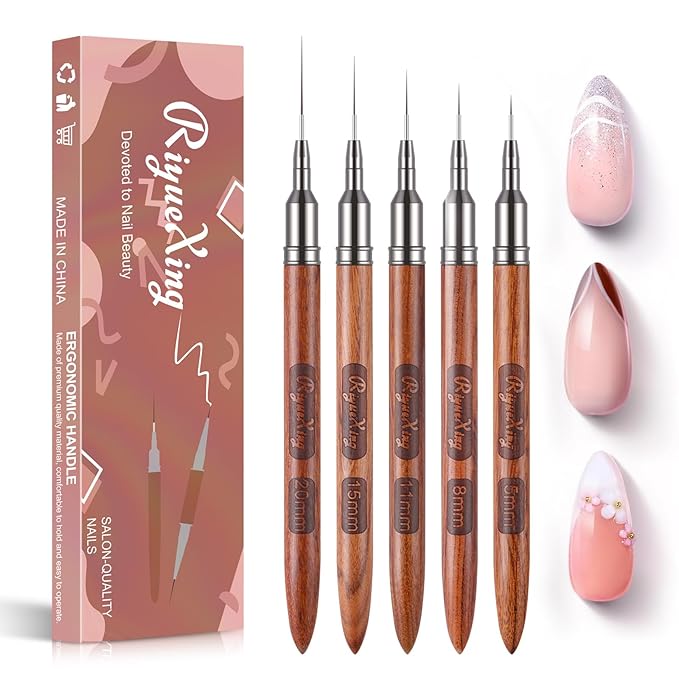 5PCS Wooden Nail Art Brush - Liner Brush For Nail Gel Fine Drawing,Thin Liner Nail Brush Set Size 5/8/11/15/20mm Striper Brushes Set Christmas Gift for Women