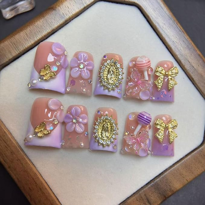Handmade Press On Nails Duck Medium Nails Press Ons 3D Velvet Floral Pink French Tips False Nails with Sun Butterfly Lollipop Pattern Design Reusable Acrylic Stick on Nail for Women 10 Pcs（M）