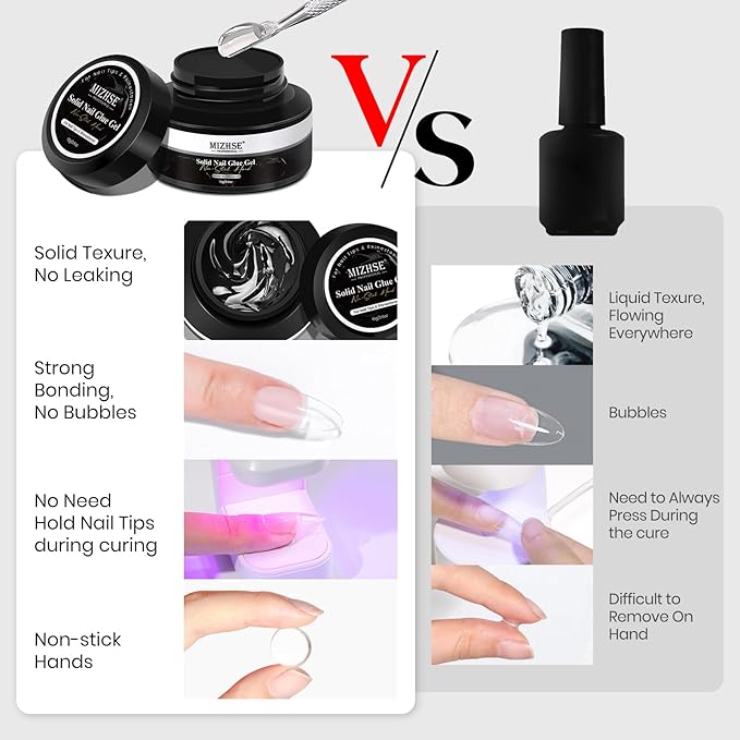 MIZHSE Solid Nail Glue, 18g Solid U V Gel Nail Glue Gel for Nails and Mini Light LED Lamp for Acrylic Nails Tips Long Lasting Rhinestone Glues for Salon Home DIY