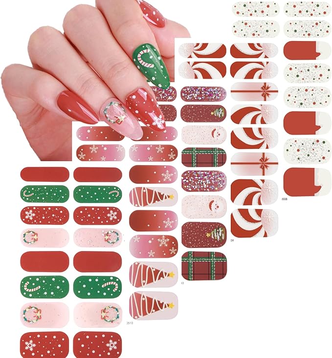 Christmas Nail Wraps Full Stickers Nail Polish Strips, DIY Self-Adhesive Nail Art Decals Snowflakes Xmas Tree Candy Cane Pattern with 5 Piece Nail Files for Party Decor 5Sheets 80Pcs