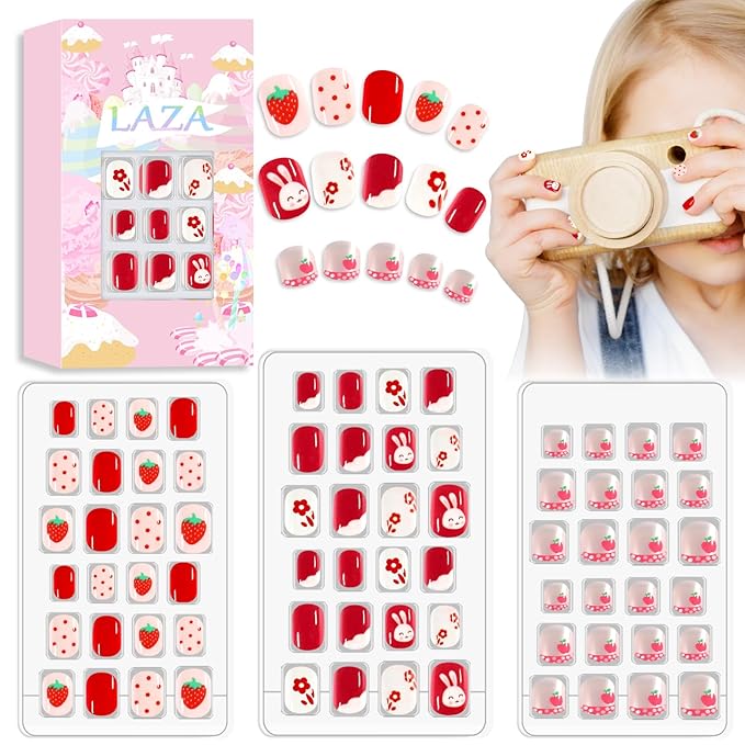 Laza 72pcs Children Nails Press On Pre-glue Full Cover Pink Heart Flower Cute Short False Nail Kits for Kids Teenager Girls - Strawberry Rabbit