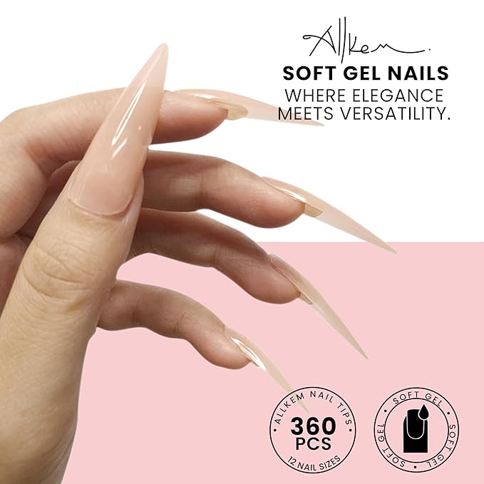 Allkem Soft Gel Nail Tips - 360 pcs XXL Stiletto Nail Extensions Kit - 12 Sizes Extra Extra Long Full Cover Nails - Nude (360 Pieces)
