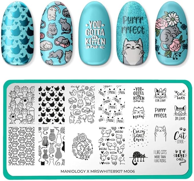 Maniology MrsWhite8907 Collaboration Nail Stamping Plate | Cat-Themed Nail Art Designs, Feline, Cute Kitten, Cats Lover Manicure - Reusable, Rectangular, Stainless Steel Nail Art Template