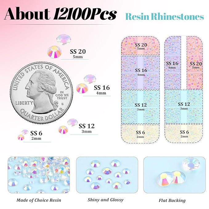12100Pcs Jelly Resin Rhinestones for Crafting with 3Pcs 10ml B7000 Jewelry Glue, 2 Boxes Flatback Crystals Diomand (Transparent AB) for Bedazzling Crafts Nail Art，Non Hotfix Gems for Clothing Shoes