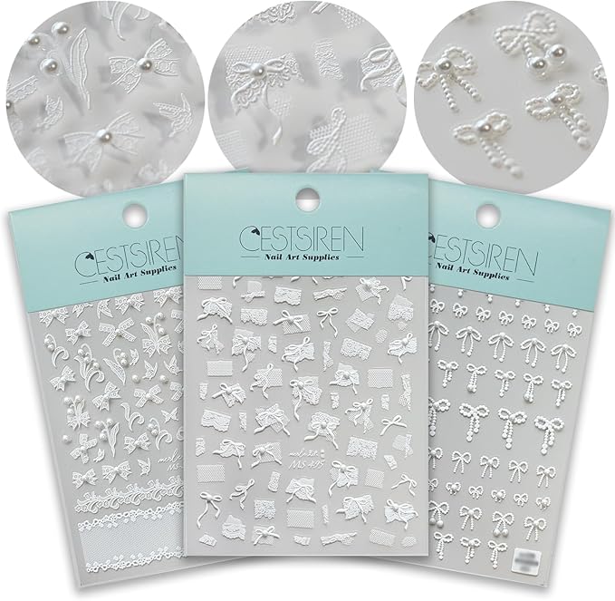 White Bow Ribbon Nail Art Stickers Pearl Lace Rhinestones Embossed Nail Decals for Nail Art Design Self-Adhesive Nail Accessories for Women Nail Art Supplies 3 Sheets