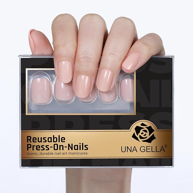 UNA GELLA Short Round Press on Nails - 32Pcs 16 Sizes Oval Nude Pink Fake Nails, Glossy Reusable Glue on Nails for Women, Durable Natural False Nails Kit for Small or Wide Nail Beds