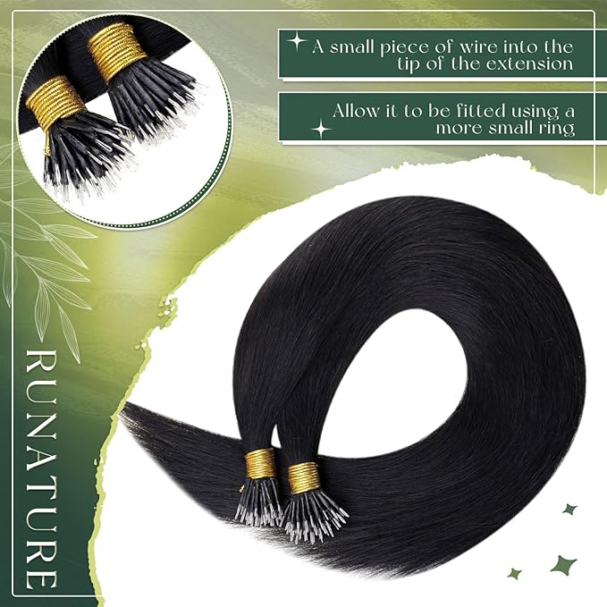 RUNATURE Nano Hair Extensions Human Hair Jet Black Straight Nano Bead Hair Extensions for Women Real Hair Cold Fusion Can Be Styled 14 Inch 50G 50 Strands