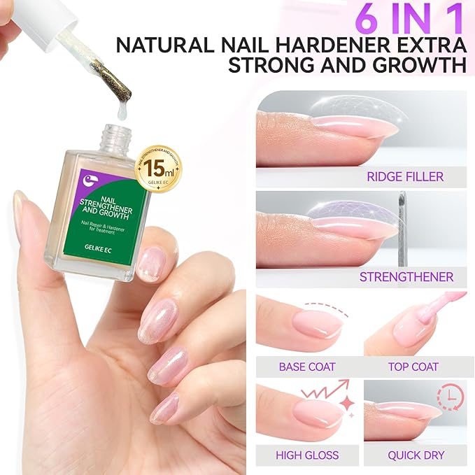 Nail Strengthener and Damaged Nail Repair: Glitter Pink 15ml Natural Protein Nail Hardener Extra Strong and Growth for Damaged Nails-6 in 1 Non-Toxic Nail Ridge Filler for Home DIY Manicure Housewife