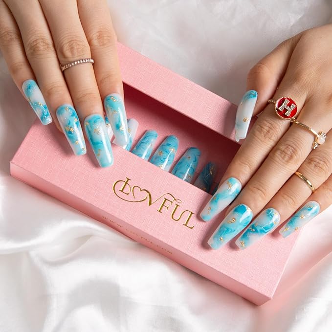LOVFUL Press on Nails Blue Bay Wave French Tip | Handmade with Full Covered Crystals | Reusable Full Cover Nails | Coffin Classic Regular 1.3 in | H63-S