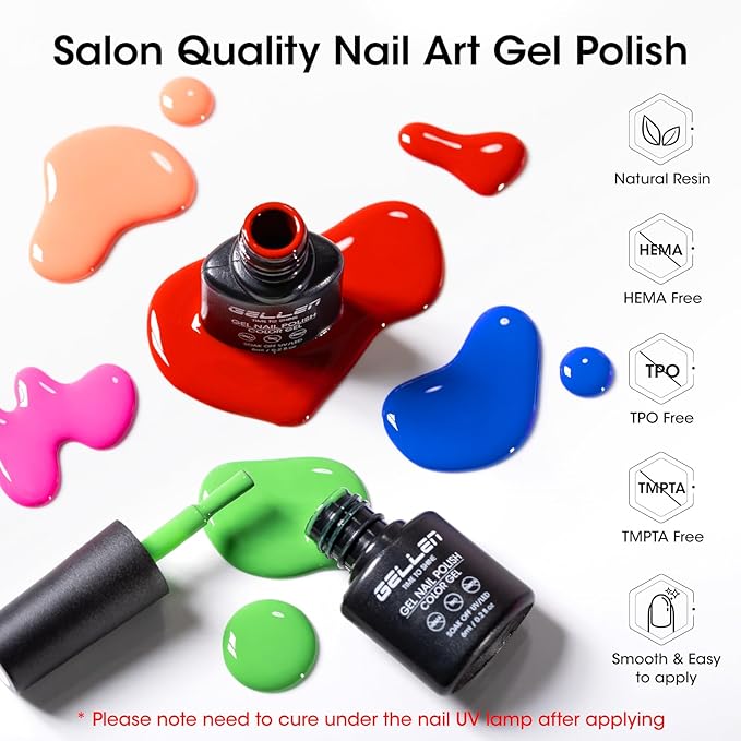 Gellen 24pcs Gel Nail Polish Set, 20 Gel Polish Colors with Base Coat and Glossy Matte Cateye Top Coat, HEMA TMPTA TPO 3-Free Red Pink Green White UV Cured Soak Off Salon Nail Kit, Gift for Women Girl