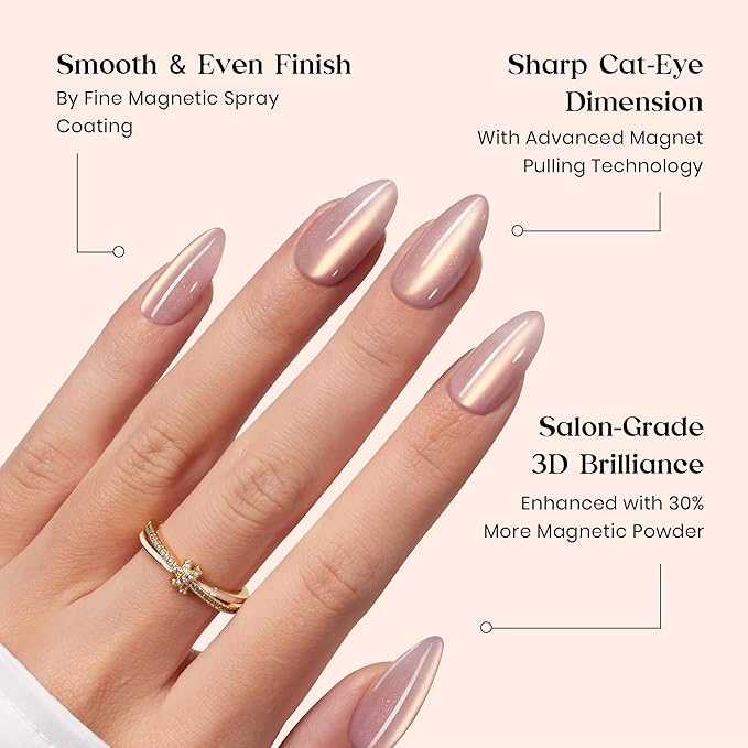 Beetles Cat Eye Nails - 7 Colors Nude Medium Almond Press On Nails | 16 Sizes 224 Pcs Natural Salon Quality Glitter Chasing Light Cateye Nails For Women