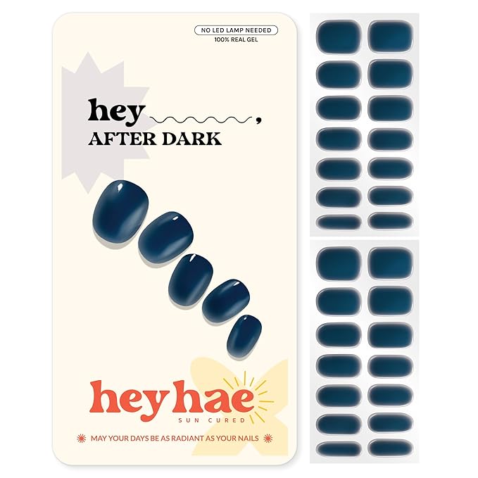 heyhae Semi Cured Gel Nail Strips | No LED Lamp Needed | Fall, Navy, Solid, Jelly | Easy Apply & Remove, Salon Quality | Includes 28 Strips, 1 Prep Pads, Nail File & Wooden stick - Hey, After Dark