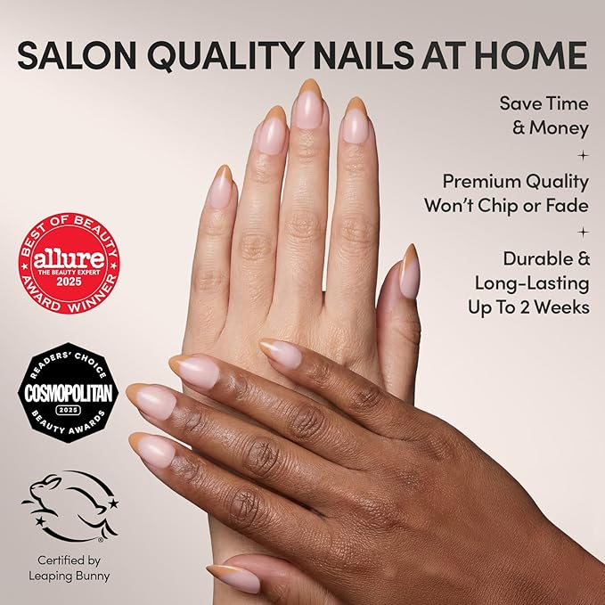 Glamnetic Press On Nails - Café Crème | Semi-Transparent Light Brown French Tip Short Almond Fake Nails in a Glossy Finish, Salon Quality | 15 Sizes - 30 Nail Kit