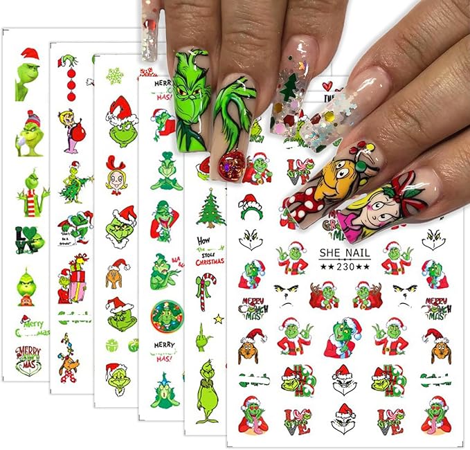 Christmas Nail Art Stickers Funny Cartoon Green Monster Design 3D Self-Adhesive Nail Decals Xmas Tree Santa Claus Acrylic Nail Decor Winter Nail DIY Manicure Accessories for Women