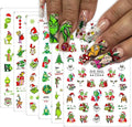Christmas Nail Art Stickers Funny Cartoon Green Monster Design 3D Self-Adhesive Nail Decals Xmas Tree Santa Claus Acrylic Nail Decor Winter Nail DIY Manicure Accessories for Women