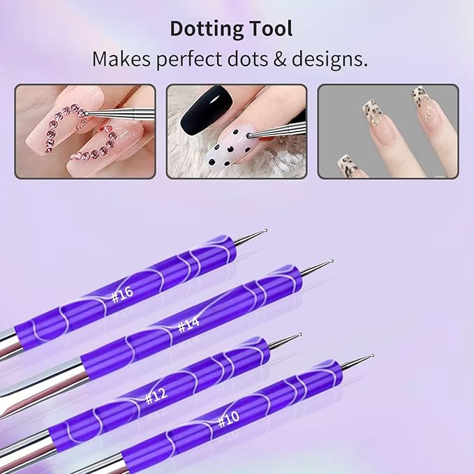 4Pcs French Tip Brush, Double-Ended French Brushes for Nails with Dotting Tool, Clean Up Brush for Gel Nail Polish, Size 10/12/14/16, Acrylic Nail Art Brushes, Manicure Tools for Nail Design-Lavender