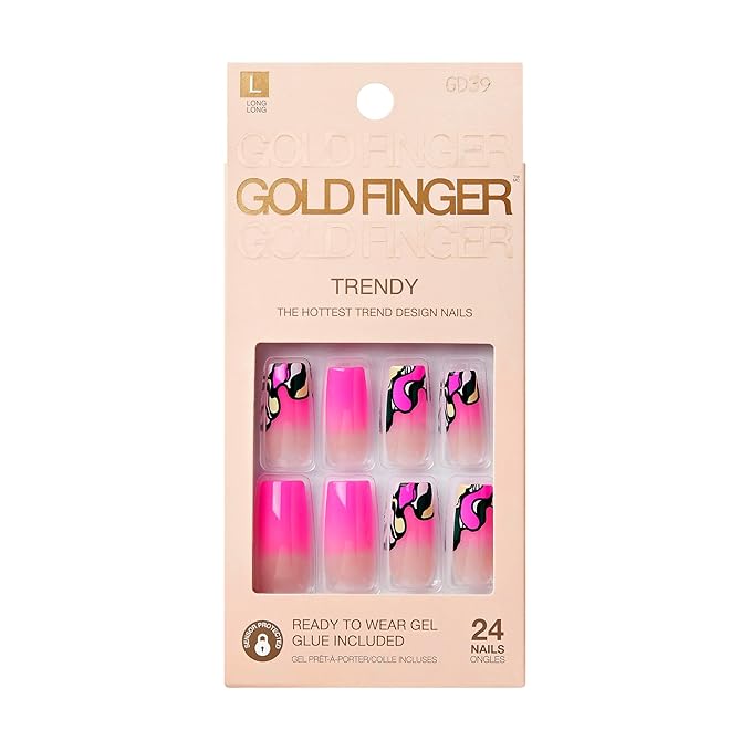 Goldfinger Trendy False Nails Kit, Long Square Design Nail, Playful Classic Vibrant Pink Abstract Print, Ready to Wear Gel & Manicure Stick Included, Long-Lasting Convenient & Easy to Apply