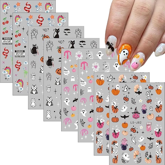 8Sheets Halloween Nail Art Stickers Cute Ghost Pumpkin 3D Self-Adhesive Nail Decals Spider Web Bat Cat Skull Designs Nail Decorations Halloween DIY Manicure Nail Supplies for Women Girls&Kids…
