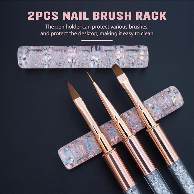 Acrylic Nail Art Brush Holder Stand - 5 Grids Crystal Clear Nail Brush Organizer, Perfect for Manicure and DIY Nail Art Pens, Brushes, and Tools (Pink+Gitter)