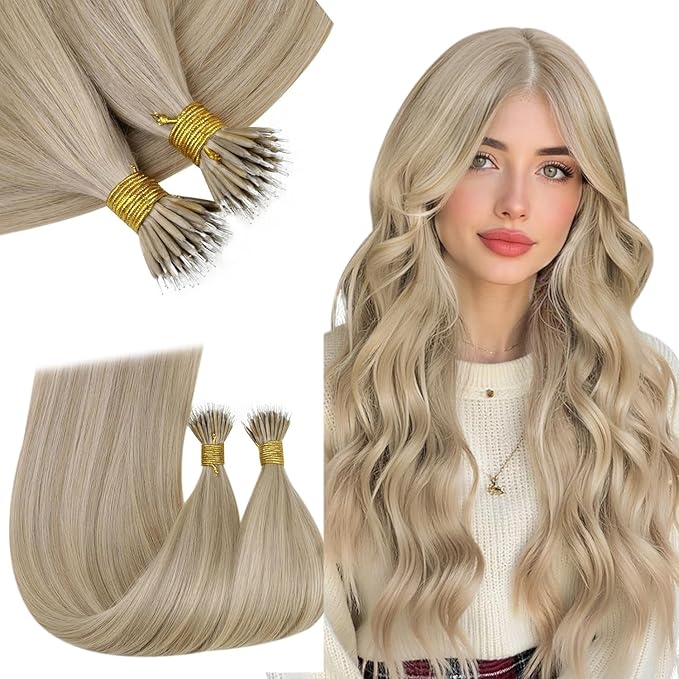 RUNATURE Blonde Highlights Nano Hair Extensions Human Hair, 18 Inch 50G 50S, Golden Blonde Highlight Ash Blonde, Soft Straight Hair, Cold Fusion, Can Be Styled #16P22