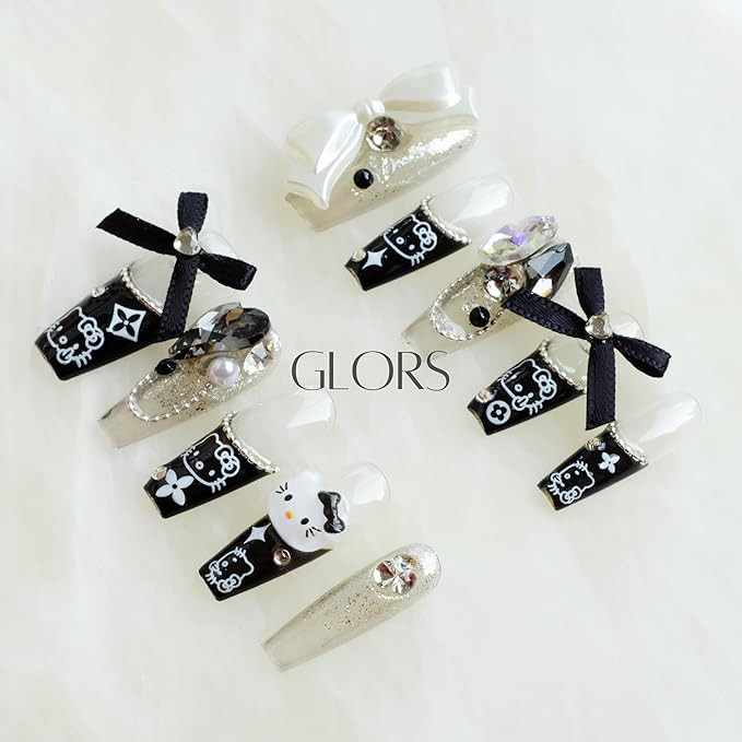 [GLORS] Purly Handmade Long Ballerina Press on Nails | Black False Nail with Cute Kitty | Salon Quality in Long Coffin Nail (M, LC)